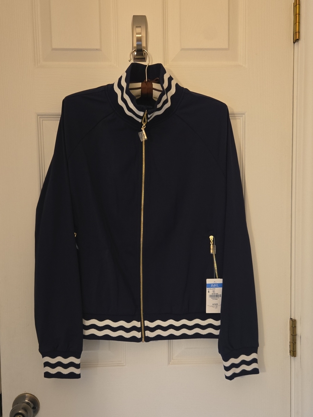 J. McLaughlin Navy Jacket with White Wave Trim